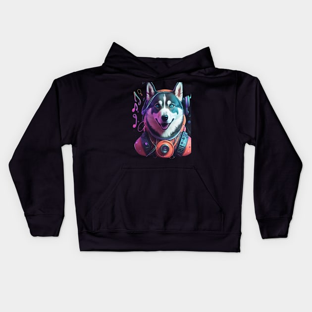 Music lover Siberian husky Kids Hoodie by Spaceboyishere